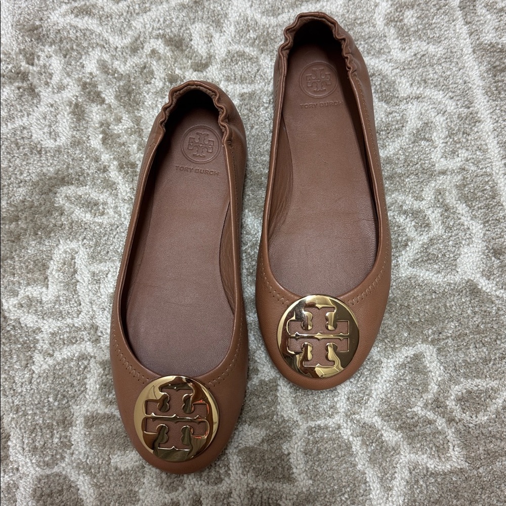 Tory Burch Tan Flats with Gold Emblem